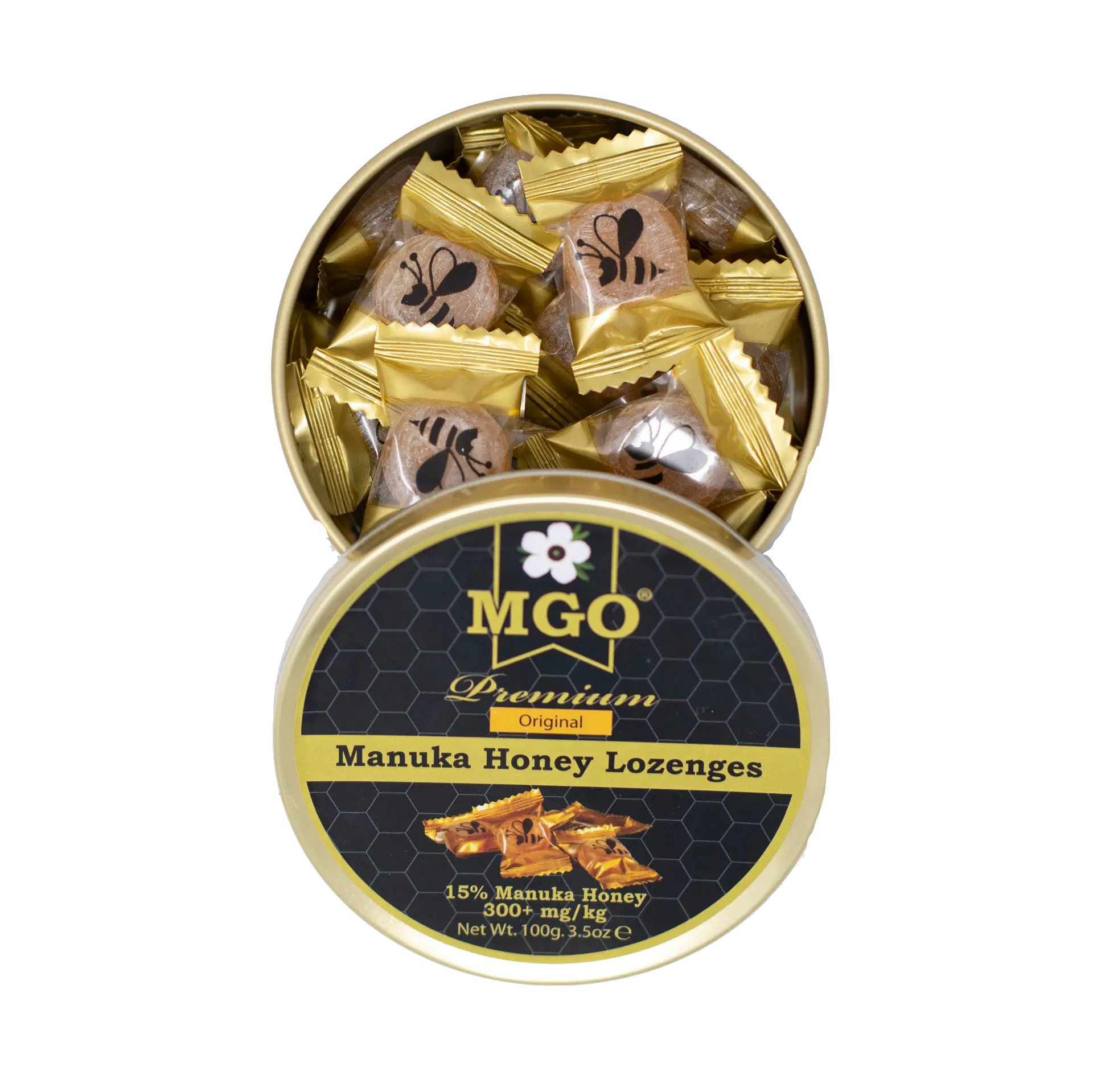 Open tin of MGO Manuka Honey Lozenges, individually wrapped in gold